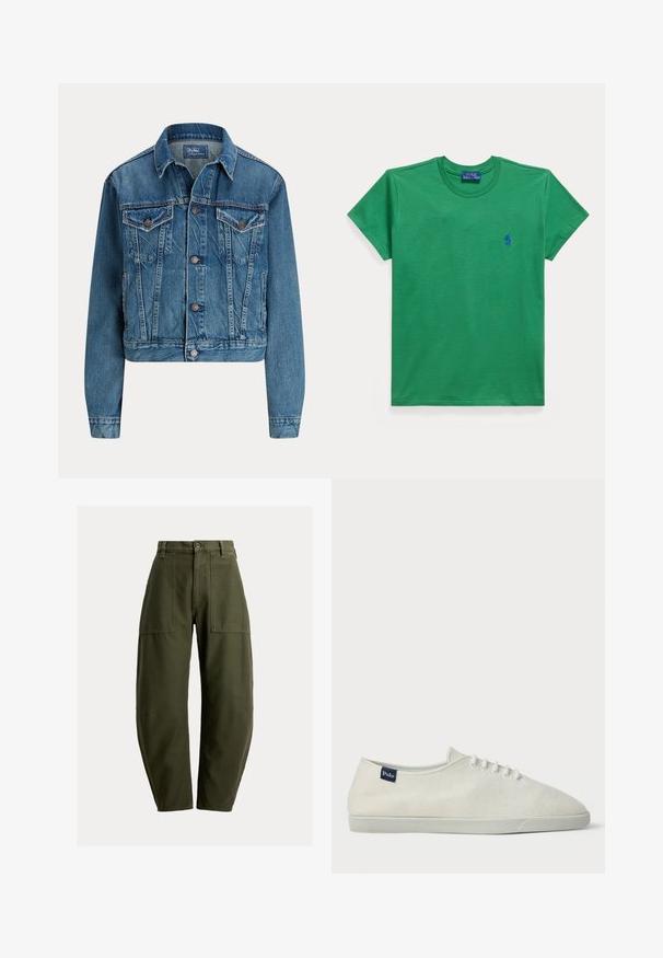 Veste en denim coupée de couleur bleu clair, avec fermeture par boutons, deux poches poitrine et détails de whiskering subtils. Col classique et manches longues.; T-shirt vert à manches courtes et col rond, avec un petit logo bleu brodé sur la poitrine et une étiquette de marque bleue à l'intérieur du col.; Pantalon cargo vert olive en tissu robuste, avec taille haute, multiples poches avant, et coupe décontractée.; Baskets en toile blanches à lacets blancs, semelle en caoutchouc plate et petite étiquette bleu marine avec l'inscription "Polo" près du talon sur le côté extérieur.