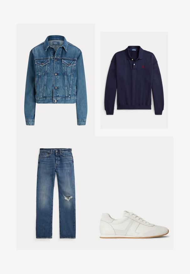 Lichtblauwe, cropped spijkerjack met knoopsluiting, twee borstzakken en subtiele whisker-details. Klassieke kraag en lange mouwen.; Marineblauw poloshirt met lange mouwen, twee witte knopen en rood geborduurd logo op de linkerborst op een witte achtergrond.; Blauwe spijkerbroeken met een middelhoge taille, vijf zakken en een rafelachtig gat op de rechterknie.; Witte lage sneaker met veters aan de voorkant, suède en leren panelen, en een lichtbruine rubberen zool op een witte achtergrond.