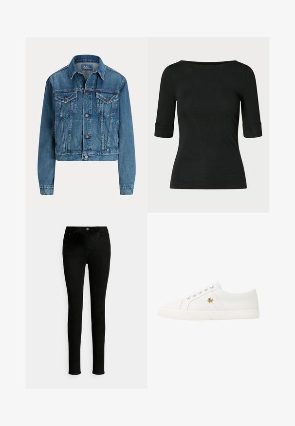 Lyhyeksi leikattu vaalea farkkutakki, jossa on napitus, kaksi rintataskua ja hienovaraisia kulumista jäljitteleviä yksityiskohtia. Klassinen kaulus ja pitkät hihat.; Lauren Ralph Lauren STRETCH COTTON BOATNECK TEE - T-paita - nero; Mustat farkut slim fit -mallilla, joissa on vakiovyötärö, etutaskut ja klassinen napitus.; Lauren Ralph Lauren JANSON II CANVAS SNEAKER - Matalavartiset tennarit - optic white