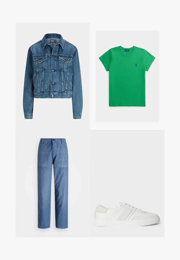 Chaqueta de mezclilla recortada en azul claro, con cierre de botones, dos bolsillos en el pecho y detalles sutiles de desgaste. Cuello clásico y mangas largas.; Camiseta de algodón verde con mangas cortas, cuello redondo y un pequeño logo de caballo azul en el pecho izquierdo. Textura suave y diseño sencillo.; Pantalones de mezclilla azul claro con un diseño de pierna recta, que cuentan con dos bolsillos delanteros y un cierre de botón en la cintura. Textura suave.; Zapatilla blanca con parte superior de cuero liso, acentos de ante y cordones planos. Presenta una suela de goma texturizada y un diseño minimalista.