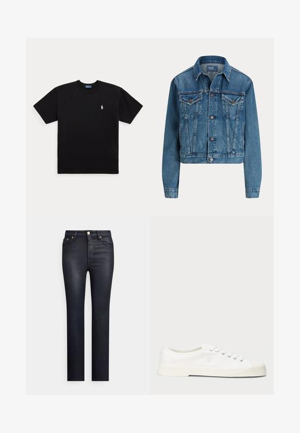 Kort denimjakke i lys blå, med knaplukning, to brystlommer og diskrete slidser. Klassisk krave og lange ærmer.; Sort T-shirt med korte ærmer og rund halsudskæring med lille hvidt broderet Polo Ralph Lauren-logo på venstre bryst.; Marineblå denimjeans med slank pasform, udstyret med guldfarvet beslag, fem lommer og en glat tekstur. Klassisk design med lige ben.; Hvide lærredssneakers med rund tå, snørelukning og diskret logo-detalje. Har en tekstureret overflade og gummisål.