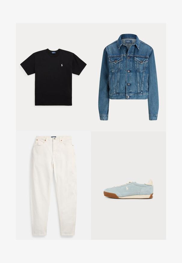 Veste en denim coupée de couleur bleu clair, avec fermeture par boutons, deux poches poitrine et détails de whiskering subtils. Col classique et manches longues.; T-shirt noir à manches courtes et col rond avec petit logo brodé blanc Polo Ralph Lauren sur la poitrine gauche.; Jean blanc taille haute à jambes droites, avec bouton et fermeture éclair sur le devant, design à cinq poches et étiquette de marque Polo sur la ceinture.; Baskets en daim bleu clair avec des accents beige, semelle marron, et logo cheval blanc brodé sur le côté, montrées de profil sur un fond uni.