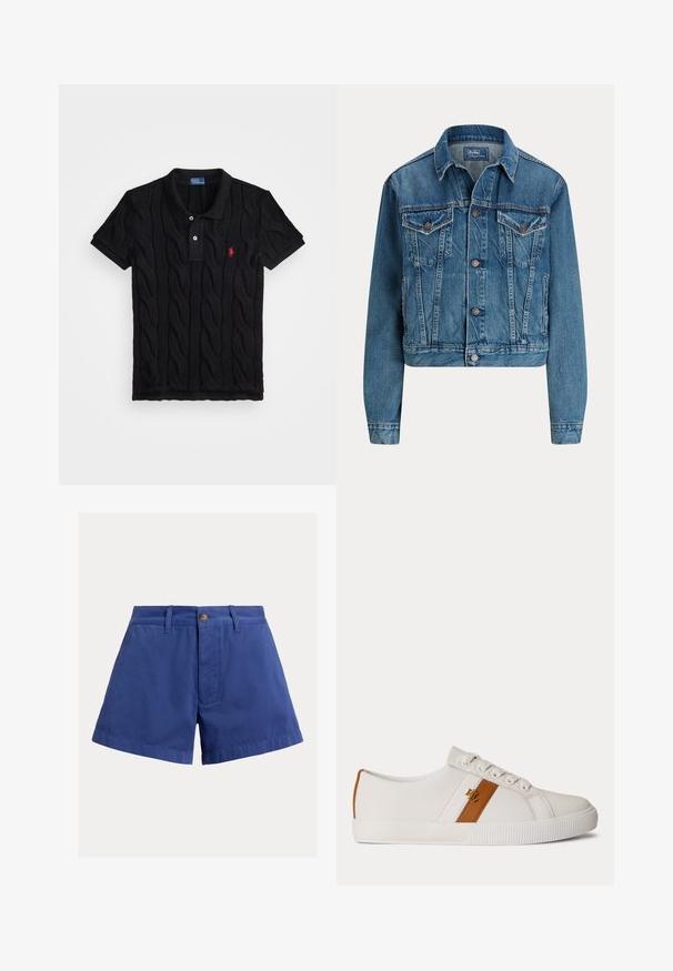 Heledatud denim-jakk helesinisena, millel on nööbikinnitus, kaks rinna taskut ja peened kulumisdetailid. Klasikaline krae ja pikad varrukad.; Mustmust kootud polo särk, millel on kaablitootemise muster, lühikesed varrukad ja kontrastne must krae. Omab kolme nööpi ja punast logo detaili.; Sinised kõrge vöökohaga puuvillased lühikesed püksid, millel on ees nööpidega kinnis, vööaasad ja küljetaskud ühevärvilise tausta ees.; Valge madala profiiliga toss pruuni triibu ja kuldse logoga küljel, valged paelad ja tekstuuriga valge kummist tallaosa.