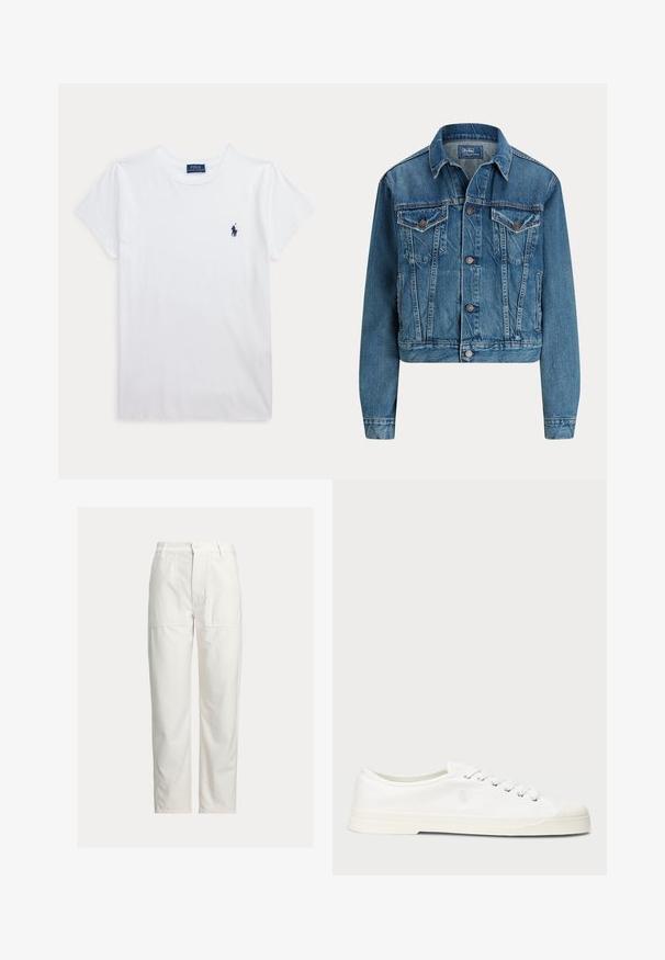 Kort denimjakke i lys blå, med knaplukning, to brystlommer og diskrete slidser. Klassisk krave og lange ærmer.; Hvid t-shirt med korte ærmer og rund hals med lille navyblåt Polo Ralph Lauren-logo på venstre bryst.; Hvide bukser med lige ben, store foran-lommer, bæltestropper og lukning med knap i taljen.; Hvide lærredssneakers med rund tå, snørelukning og diskret logo-detalje. Har en tekstureret overflade og gummisål.