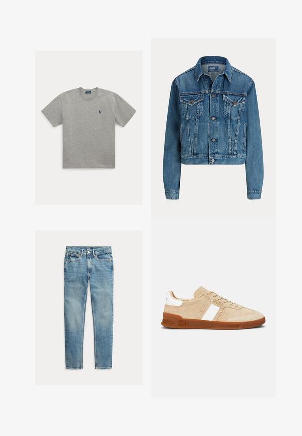 Gekürzte Jeansjacke in Hellblau, mit Knopfverschluss, zwei Brusttaschen und dezenten Waschdetails. Klassischer Kragen und lange Ärmel.; Hellgraues T-Shirt mit kurzen Ärmeln und Rundhalsausschnitt mit kleinem dunkelblau besticktem Polospieler-Logo auf der linken Brust.; Hellblaue Slim-Fit-Jeans mit fünf Taschen und Knopfverschluss, flach auf weißem Hintergrund liegend.; Beige Wildledersneaker mit weißen Streifen, Gummisohle und braunen Akzenten. Der Schuh hat einen strukturierten Körper und ein Logo an der Seite.