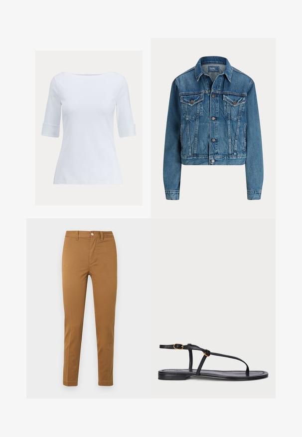 Chaqueta de mezclilla recortada en azul claro, con cierre de botones, dos bolsillos en el pecho y detalles sutiles de desgaste. Cuello clásico y mangas largas.; Camisa blanca ajustada de manga corta con escote de barco y puños doblados sobre un fondo liso.; Pantalones caqui de pierna recta con bolsillos delanteros, trabillas para cinturón y cierre de botón, presentados planos sobre fondo blanco.; Sandalia plana negra con un diseño minimalista. Presenta tiras delgadas, un separador de dedos, acentos de hardware dorado y una suela suave y texturizada.