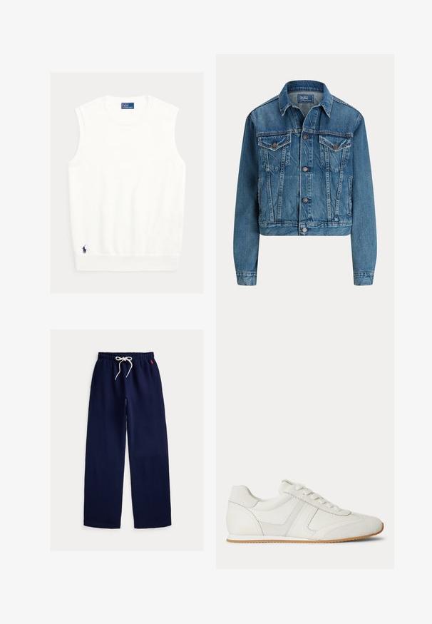 Gekürzte Jeansjacke in Hellblau, mit Knopfverschluss, zwei Brusttaschen und dezenten Waschdetails. Klassischer Kragen und lange Ärmel.; Weißes ärmelloses Oberteil aus weichem Stoff, mit gerippter Halslinie und Saum. Kleines dunkelblaues Logo unten links eingestickt.; Marineblaue Jogginghose mit weitem Bein, elastischem Bund, weißem Kordelzug und kleinem roten besticktem Logo auf der rechten Seite.; Weißer Sneaker mit niedrigem Schaft, Schnürung vorne, Velours- und Lederpaneelen sowie einer hellbraunen Gummisohle auf weißem Hintergrund.