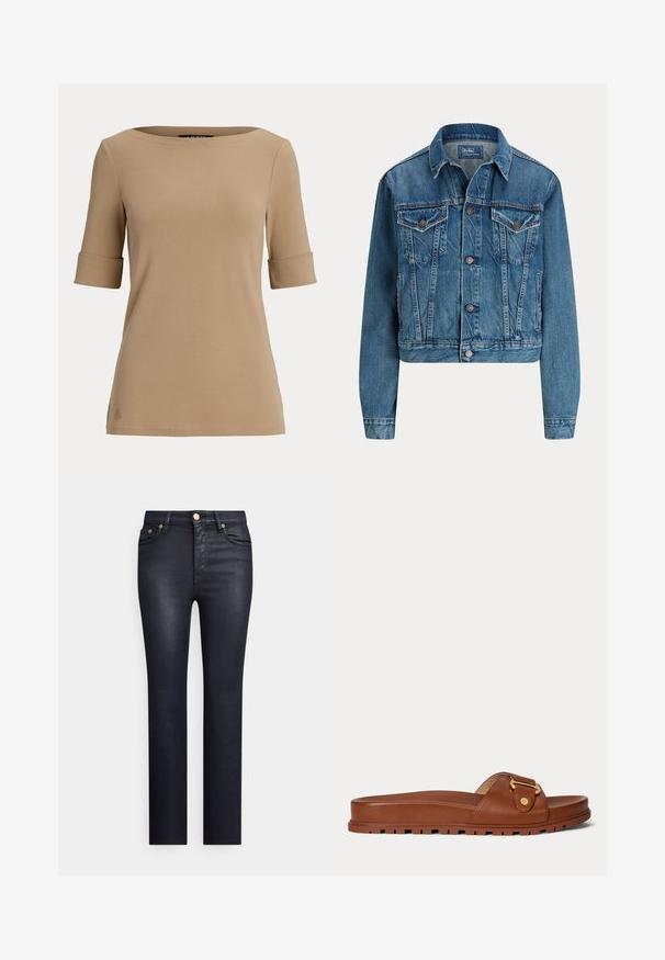 Kort denimjakke i lys blå, med knaplukning, to brystlommer og diskrete slidser. Klassisk krave og lange ærmer.; Beige kortærmet top med opsmøgede ærmekanter og en bred, rund halsudskæring vist på en ensfarvet lys baggrund.; Mørkeblå denimjeans med lige ben, fem-lomme-design, lukning med metalknap og lysere slidmærker foran for tekstur.; Brun læder slidesandal med tyk sål og guldlåsdetalje på remmen, vist i profil mod hvid baggrund.
