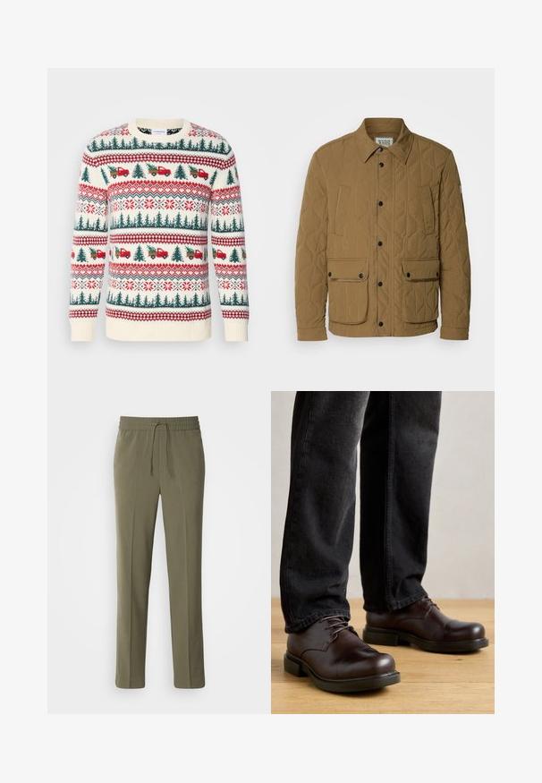 Quilted-Jacke in Dunkelbeige, mit spitzem Kragen, schwarzen Druckknöpfen und vier Taschen mit kontrastierenden Nähten. Weicher, strukturierter Stoff.; Strickpullover mit einer cremefarbenen Basis, roten und grünen Mustern von Bäumen, Lastwagen und Schneeflocken, mit gerippten Bündchen und Saum.; Olivengrüne, leichte Hose mit elastischem Bund und verstellbarem Kordelzug; gerades Bein Design und glatte Textur.; Braune Lederschuhe mit abgerundeter Spitze, Schnürdesign und dicker schwarzer Gummisohle, kombiniert mit dunkelblauen Jeans.