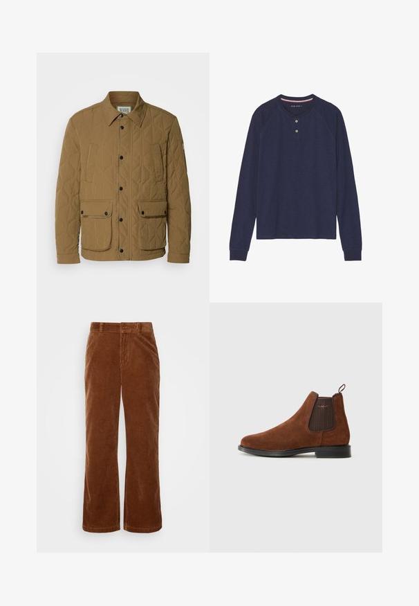 Quiltet jakke i mørk beige, med spids krave, sorte trykknapper og fire lommer med kontraststing. Blød, tekstureret stof.; Langærmet, mørkeblå henley-shirt med rund halsudskæring, to-knaps lukning og ribbede ærmekanter. Blød tekstur, afslappet design.; Brune fløjl bukser med et bredbenet design, der har vertikalt ribbet tekstur, en knaplukning og standard bælteløkker.; Brune ruskinds Chelsea-støvle med elastisk sideskilt, løkke til at trække i bagpå, sort sål og subtil "GANT" logo på sideskilt.