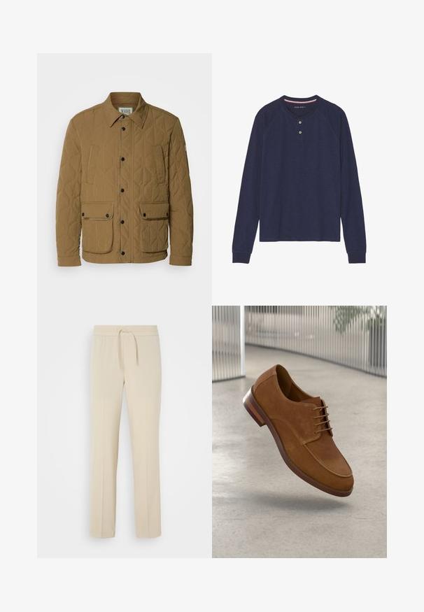 Veste matelassée en beige foncé, dotée d'un col pointu, de boutons-pression noirs et de quatre poches avec des coutures contrastées. Tissu doux et texturé.; Chemise henley à manches longues, bleu marine, avec un col arrondi, une patte de boutonnage à deux boutons et des poignets côtelés. Texture douce, design décontracté.; Pantalons beiges à taille élastique avec cordon de serrage. Comprend des jambes droites et une texture lisse, adaptés pour un usage décontracté ou pour se détendre.; Chaussure de ville en cuir suédé marron avec un bout arrondi, un laçage et un talon en bois. Présente une texture lisse et des détails de coutures subtils.