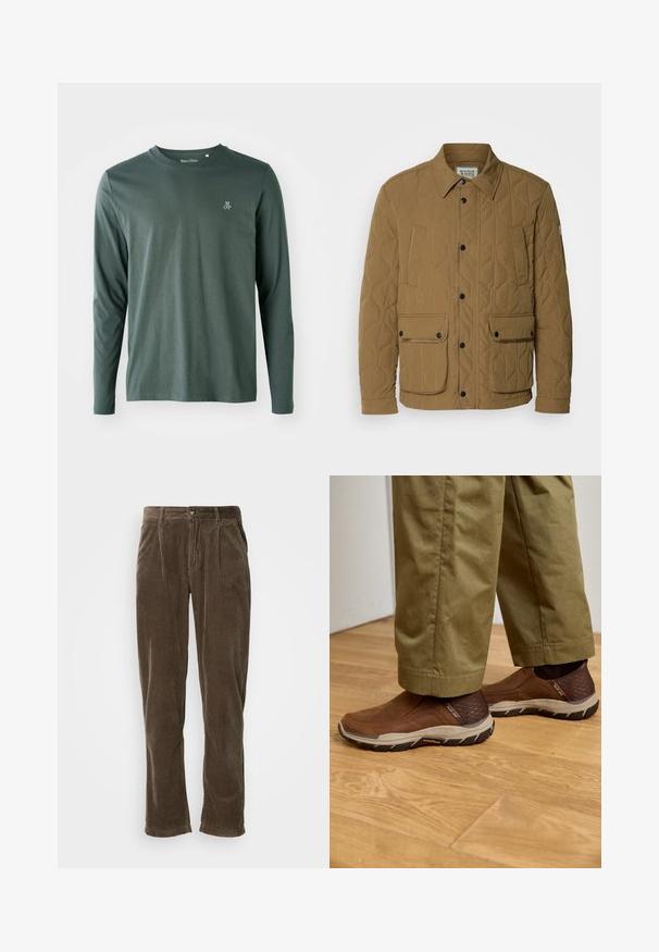 Gequilted jacket in donkerbeige, met een puntige kraag, zwarte drukknoopjes en vier zakken met contrasterende stiksels. Zachte, gestructureerde stof.; Langsleeve shirt in donkergroen katoen met een ronde halslijn, subtiele textuur en klein wit "M OP" logo op de linkerborst.; Bruine corduroy broek met een rechte pijp, voorzien van verticale ribbels, een knoopsluiting en twee voorste plooien voor extra detail.; Bruine instapschoenen met textuuraccenten, beige rubberen zolen en een strak ontwerp, gecombineerd met kaki broeken op een houten vloer.