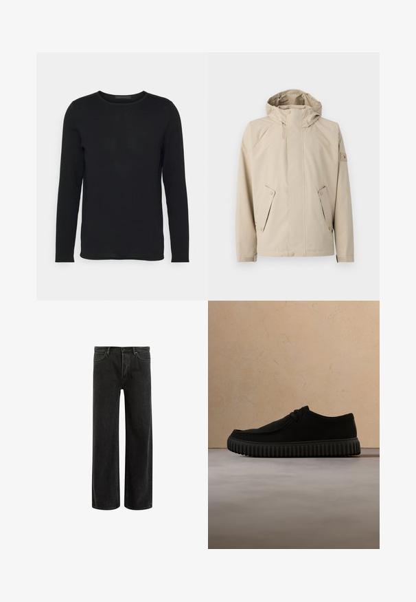 Beige regnjakke med hætte, der har to sidelommer, trykknaplukninger og et struktureret stof. Pyntet med et lille logo på ærmet.; Sort langærmet skjorte, rund hals, lavet af blødt stof med en glat tekstur og minimale syninger. Klassisk og alsidig design.; Sorte denim bredde ben jeans med høj talje, med klassisk fem-lomme design og subtil falmning for et tekstureret udseende.; Sort lavt top casual sko med rund tå, snørebånd foran, suede-lignende tekstur og tyk rillede sål, vist i sideprofil på hvid baggrund.