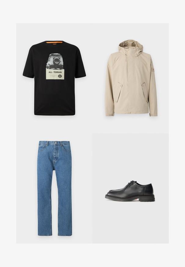 Beige regnjakke med hætte, der har to sidelommer, trykknaplukninger og et struktureret stof. Pyntet med et lille logo på ærmet.; Sort bomulds T-shirt med rund hals, der har et grafisk print af et klassisk køretøj og teksten "ALL - TERRAIN" på brystet.; Lyseblå denimjeans med lige snit, fem lommer, knaplukning og subtile syningsdetaljer langs sømmene.; Sorte lædersko med glat tekstur, rund tå og lav, præget syning. Tykk gummisål med let hæl og skridsikker mønster.