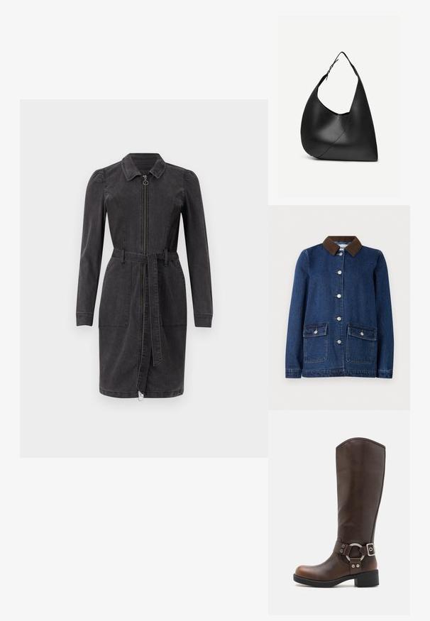 Veste en denim bleu foncé avec col en velours côtelé marron, deux poches avant avec rabats à boutons et boutons argentés sur le devant.; Robe en denim noir avec un col, des manches longues, une fermeture éclair à l'avant et une taille ceinturée. Dispose de deux poches avant et d'un ourlet droit.; Botte en cuir marron hauteur genou avec un accent en métal rond et une boucle. Tige légèrement texturée, talon empilé et design à bout rond.; Sac à épaule en cuir noir avec forme triangulaire incurvée, une seule sangle ajustable, et une couture diagonale visible à l'avant.
