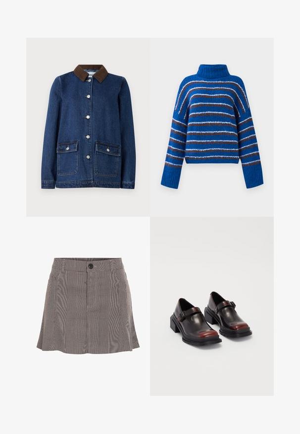Mørkeblå denimjakke med brunt corduroy-krave, to forlommer med knapflapper og sølvknapper ned ad fronten.; Blå turtleneck sweater med horisontale brune, hvide og lyseblå striber, lange ærmer og ribbede mansjetter.; Rutete nederdel i sort og hvid, lavet af letvægtsstof, med en talje med en knap og plisseret design for ekstra detalje.; Læder sko med blokhæl i en blank mørk burgunderrød finish, med en spænde rem og rund tå design. Struktureret ydersål for bedre greb.