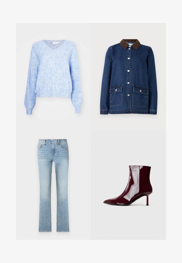 Veste en denim bleu foncé avec col en velours côtelé marron, deux poches avant avec rabats à boutons et boutons argentés sur le devant.; Pull en V bleu clair avec un motif en torsades texturé, manches longues et bords côtelés. Tissu doux et léger avec une coupe décontractée.; Jean bleu clair taille haute, coupe droite, poches avant, passants pour ceinture et détails en rivets cuivre.; Bottine brillante rouge foncé à bout pointu et talon fin mi-haut sur un fond clair.