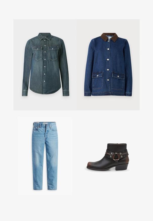 Mørkeblå denimjakke med brunt corduroy-krave, to forlommer med knapflapper og sølvknapper ned ad fronten.; Langærmet mørkeblå denimskjorte med knaplukning foran og to brystlommer med klap og knapper.; Lyseblå højtaljede straight-leg denimjeans med knaplukning og femlomme-design, vist fladt på en hvid baggrund.; Sorte læder ankelstøvler med rund tå, sølvhardware detaljer og en strop med en rund spænde. Design med blokhæl.
