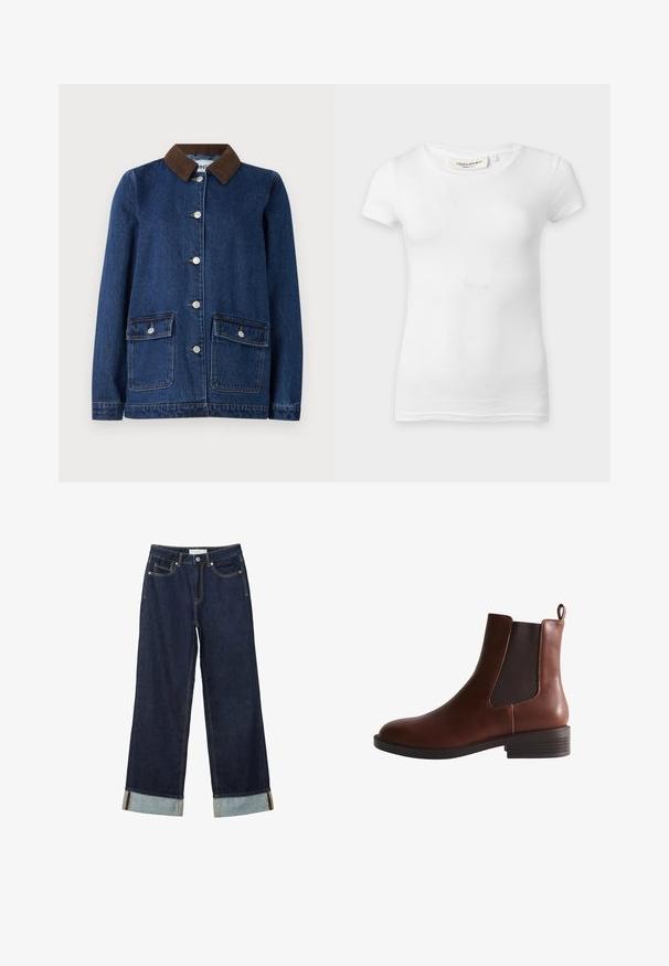 Mørkeblå denimjakke med brunt corduroy-krave, to forlommer med knapflapper og sølvknapper ned ad fronten.; Plain hvid kortærmet tætsiddende t-shirt med rund halsudskæring, vist på en flad overflade.; Mørkeblå vide jeans med højt talje, med opfoldede vamsser, kontrastsyning og fem-lommers design. Lavet af denim stof.; Brun læder Chelsea ankelstøvle med elastisk sidepanel, træksløjfe bagpå og lavt stablet hæl.