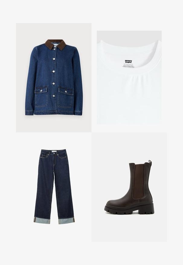 Mørkeblå denimjakke med brunt corduroy-krave, to forlommer med knapflapper og sølvknapper ned ad fronten.; Hvid t-shirt med rund hals og Levi's mærke syet ind i kraven, lavet i Bangladesh.; Mørkeblå vide jeans med højt talje, med opfoldede vamsser, kontrastsyning og fem-lommers design. Lavet af denim stof.; Brune læder ankelsko med elastiske sidepaneler, kraftige gummisåler og en trækstrop bagpå. Struktureret overflade. Solidt design.
