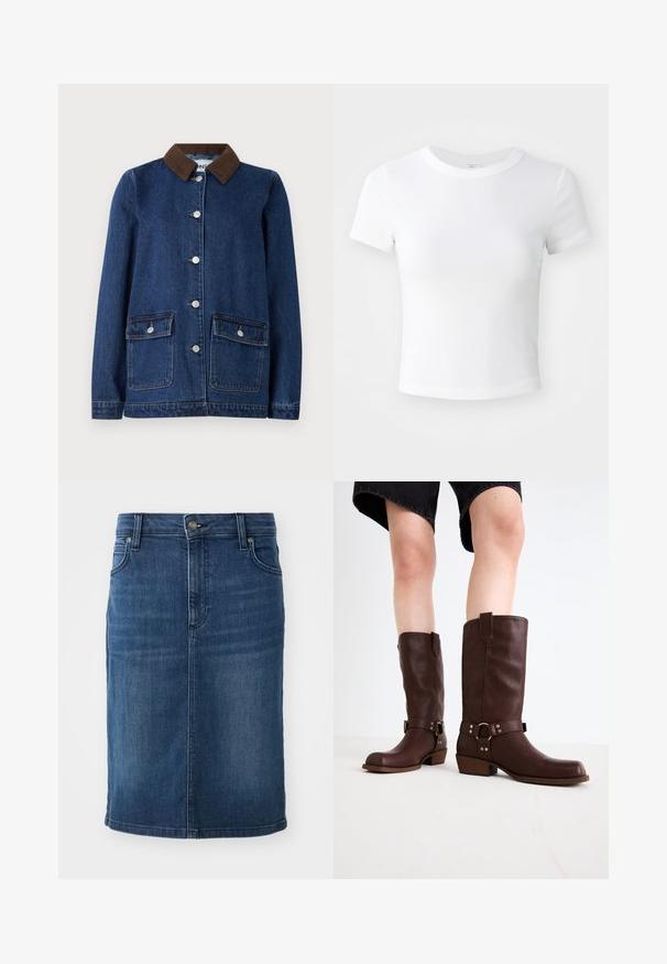Chaqueta de denim en azul oscuro con cuello de pana marrón, dos bolsillos frontales con solapas de botón y botones plateados en el frente.; Camiseta corta de manga corta blanca, con cuello redondo, exhibida sobre un fondo neutral claro.; Falda lápiz de mezclilla en azul oscuro, con tejido de color sólido, corte a media altura, presillas para cinturón y bolsillos frontales con cierre de cremallera.; Botas de cuero marrón hasta la rodilla con punta redonda, superficie texturizada, correa en el tobillo y detalles de hardware plateado; tacón apilado.