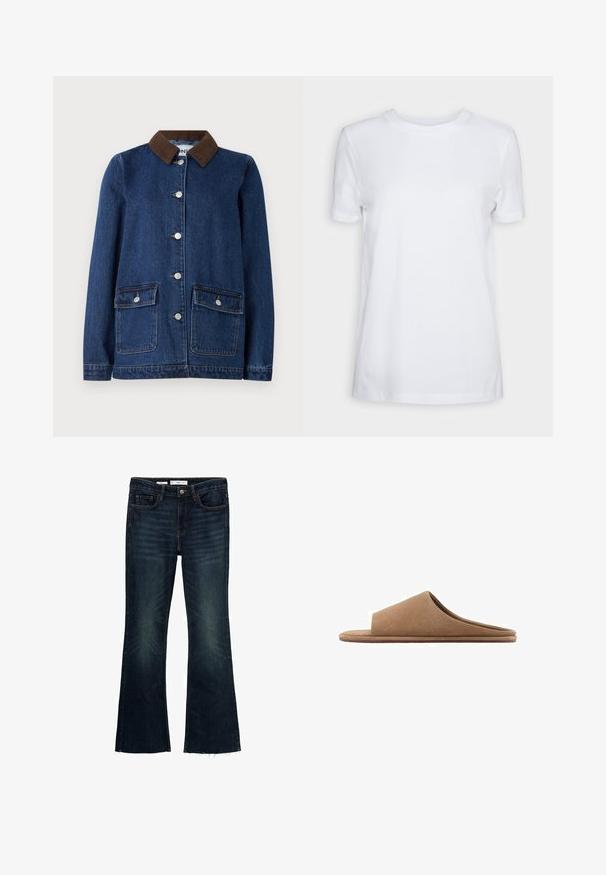 Dunkelblaue Jeansjacke mit braunem Cordkragen, zwei Fronttaschen mit Knopfklappen und silbernen Knöpfen auf der Vorderseite.; Schlichtes weißes T-Shirt mit kurzen Ärmeln und Rundhalsausschnitt, normaler Passform und einem kleinen Innenhalsetikett mit der Aufschrift „SELECTED FEMME.“; Ausgestellte dunkelblaue Denim-Jeans mit verblassten Akzenten, fünf Taschen und einem rohen Saum. Aus Baumwolle mit einem Knopfverschluss und Gürtelschlaufen gefertigt.; Braune Wildleder-Slipper mit weiter Oberseite und flacher Sohle, die ein minimalistisches Design und eine weiche, strukturierte Oberfläche aufweisen.