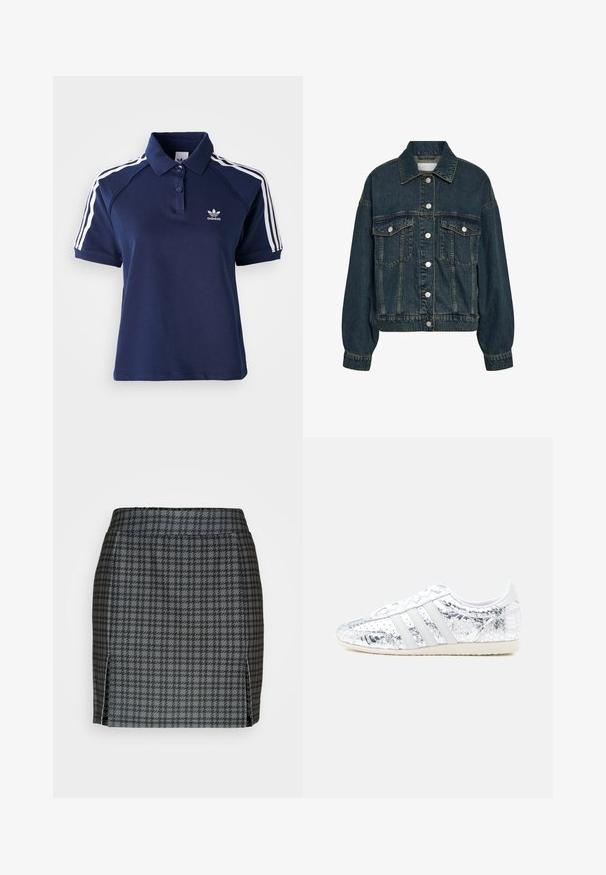 Mørkeblå denimjakke med forknapper, to brystlommer med klap, lange ærmer og krave.; Marineblåt poloshirt lavet af en bomuldsblanding med krave, tre knapper og hvide striber langs skuldrene; har et broderet logo.; Noisy May NMJASA SKIRT - Pencil skirt - kalamata/black; Hvid sportssko med metalisk sølvskæl, med tre hvide striber og teksturerede detaljer. Gummisål, lav profil design.
