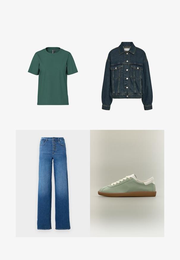 Donkerblauwe denimjas met knopen aan de voorkant, twee borstzakken met klep, lange mouwen en een kraag.; Korte mouwen t-shirt in donkergroene katoen met een ronde hals. Eenvoudig, onopvallend ontwerp en een ontspannen pasvorm. Zachte textuur, geen patronen.; Brede blauwe denim jeans met een hoge taille en vijf knopen. Kenmerkt zich door klassieke stiksels en een nette zoom.; Low-profile sneaker met lichtgroen leren bovenwerk, witte veters en hielaccent, en een bruine rubberen zool op een effen achtergrond.