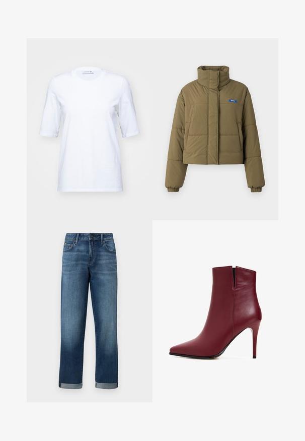 Geknipt olijfgroen pufferjack met hoge kraag, elastische boorden, voorkruiden en een blauw logo op de borst, met een gestikte textuur.; Witte katoenen T-shirt met korte mouwen, ronde halslijn en een subtiele geborduurde logo op de borst. Vlotte textuur, klassieke pasvorm.; Spijkerbroek in een middelblauwe wassing met een rechte pijpdesign, voorzien van opgerolde manchetten en minimale slijtage. Klassieke vijfzakkenstijl.; Cesare Gaspari Enkellaarsjes met hoge hak - bordo