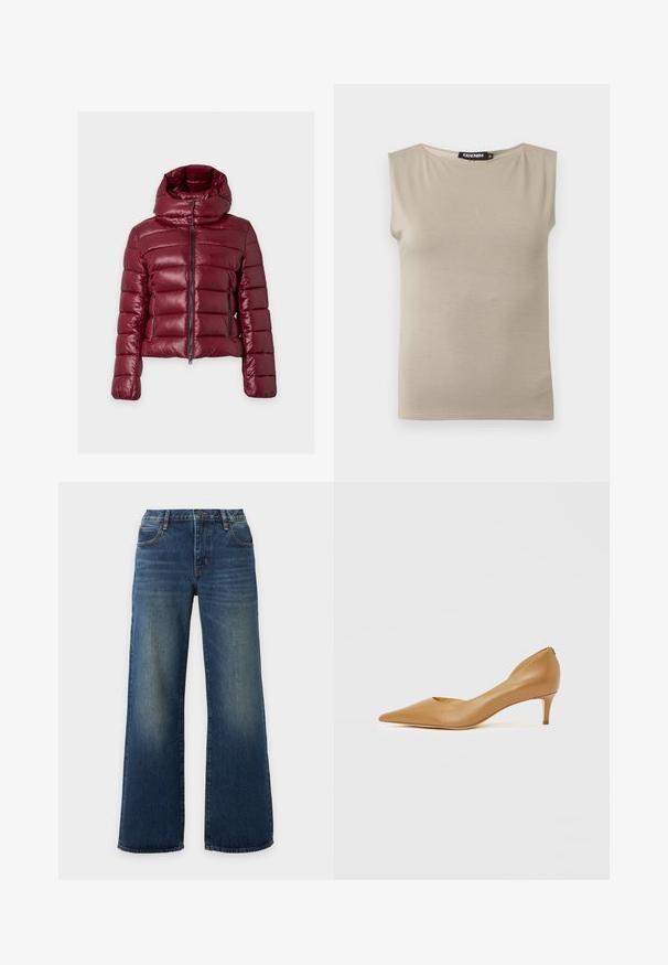 Veste matelassée bordeaux avec couture horizontale, fermeture éclair intégrale à l'avant, poches latérales zippées et col montant rembourré avec boutons-pression.; Haut beige en coton sans manches avec larges bretelles et col rond, taille moyenne, posé à plat sur fond blanc.; Jean en denim bleu à jambes larges avec poches avant et zones décolorées sur les cuisses et les genoux sur un fond clair.; Escarpin en cuir marron à bout pointu avec un petit talon, présentant un design ajouré sur le côté pour plus de détails et une texture lisse.