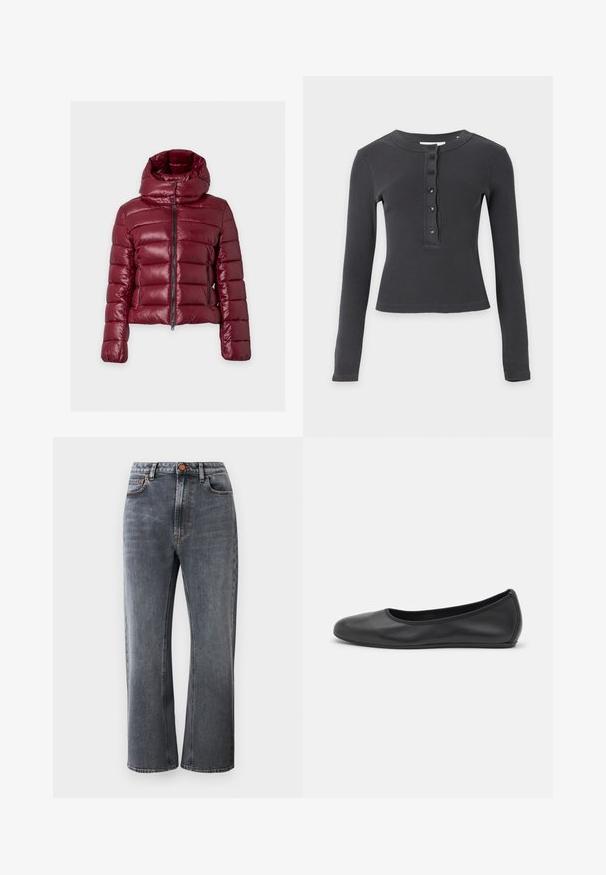Veste matelassée bordeaux avec couture horizontale, fermeture éclair intégrale à l'avant, poches latérales zippées et col montant rembourré avec boutons-pression.; Chemise à manches longues, gris foncé côtelée, avec un col rond et cinq boutons noirs sur la patte de boutonnage avant.; Jean en denim gris foncé avec une taille haute, une coupe droite, cinq poches et des coutures orange contrastantes.; Ballerines en cuir noir avec un bout rond, texture lisse, détails de couture minimalistes et design de semelle flexible.