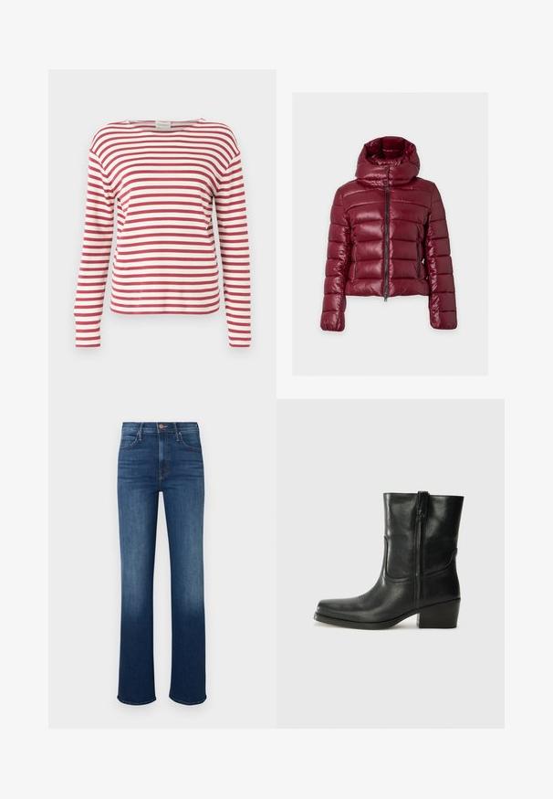 Bordeauxfarvet puffjakke med vandret quiltning, fuld lynlås foran, lynlåslommer i siderne og høj polstret krave med trykknapper.; CLOSED LONG SLEEVE - Langærmet T-shirt - cherry red; Denimjeans, mellemblå, figursyet talje, lige ben, let falmet ved kanten, design med fem lommer, lukning med metal-knap.; Sort læder ankelstøvle med rundt tå, blokhæl, lynlås i siden og stikninger på vampsiden. Glat tekstur, klassisk design.