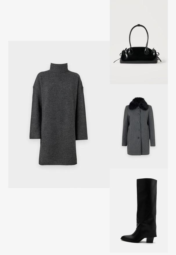 Vero Moda VMAUTUMN COZY JACKET - Mantel - dark grey; Donkergrijze oversized coltrui gemaakt van zachte breimateriaal met verlaagde schouders en lange mouwen, voorzien van een chunky ribbelkraag.; Hoge zwarte leren laars met schuine stiksels, puntige neus en stevige hak van gemiddelde hoogte op witte achtergrond.; Kleine zwarte glanzende handtas met twee lange hengsels en zijkant trekkoord details op een effen lichte achtergrond.