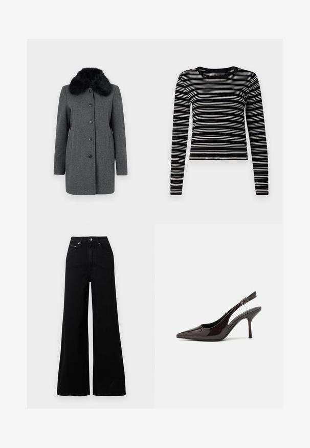 Vero Moda VMAUTUMN COZY JACKET - Klasický kabát - dark grey; Čierny a biely pruhovaný top s dlhým rukávom, ribbovanou textúrou a okrúhlym výstrihom, s rovnomernými horizontálnymi pruhmi.; Čierne džínsy s širokými nohavicami vyrobené z denimu, s vysokým pásom, piatimi vreckami, zapínaním na predné gombíky a minimálnymi detailmi šitia.; Slingback vysoké opätky v lesklej tmavohnedej lakovej koži, so špicatou špičkou, otvorenými stranami a nastaviteľným remienkom na členku.