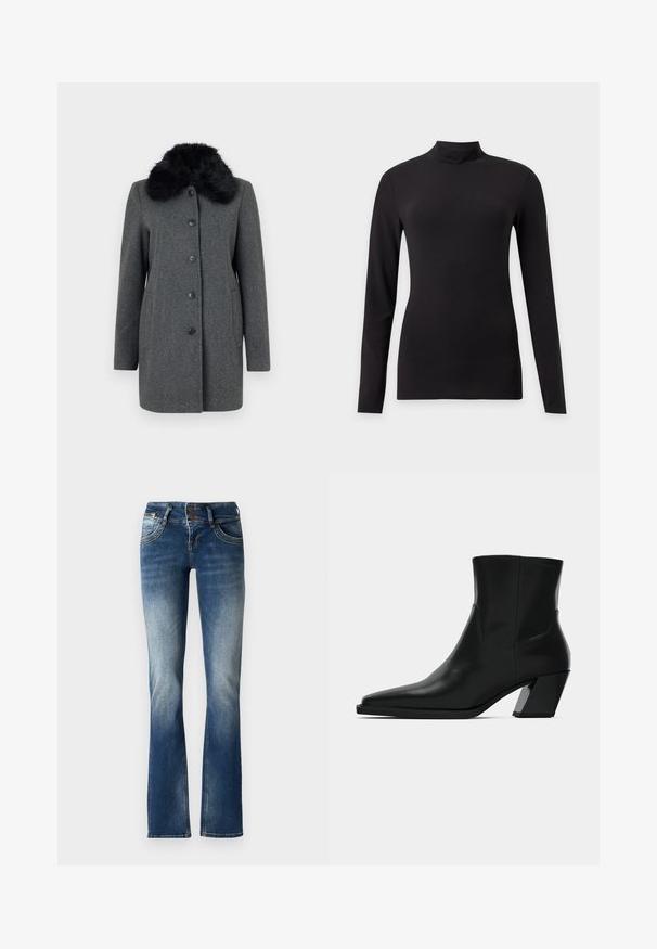Vero Moda VMAUTUMN COZY JACKET - Klasický kabát - dark grey; Čierny priliehavý top s dlhým rukávom a stojačikom, zobrazený na jednofarebnom svetlošedom pozadí.; Modré deninové zvonové nohavice s jemne vyblednutou praním, dvoma gombíkmi na zapínanie a dekoratívnym prešívaním na predných vreckách.; Čierna kožená členková topánka s špicatou špičkou, elegantným siluetou a masívnym štvorecovým podpätkom. Hladký povrch s minimálnymi švovými detailmi.