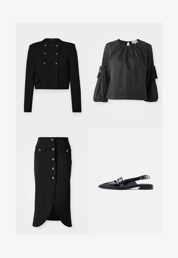 Veste noire courte au design droit, avec un devant à double boutonnage, des poches à rabat et un col arrondi. Tissu texturé.; Blouse noire à encolure ronde et ouverture en forme de clé. Avec des manches bouffantes ornées de liens et une finition en tissu texturé.; Jupe noire longueur genou en tissu lisse, dotée d'une fermeture à boutons sur le devant, de deux poches sur les côtés et d'une fente haute à l'arrière. Accents de boutons dorés.; Ballerine pointue en cuir verni noir avec double boucle argentée et talon slingback sur fond blanc.