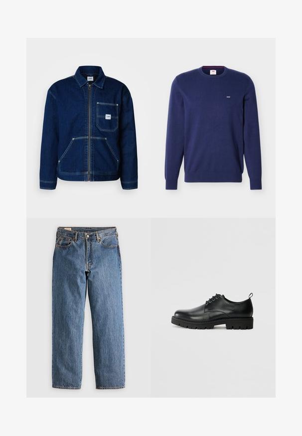 Chaqueta de denim en azul oscuro con cremallera frontal y un bolsillo en el pecho. Cuenta con dos bolsillos inferiores y detalles de costura blanca.; Jersey de cuello caja de Levi's en azul marino con mangas largas y pequeño logo blanco de Levi's en el pecho izquierdo.; Jeans de mezclilla azul con un corte recto, que cuentan con una cintura alta, remaches de cobre y costuras naranjas. Incluyen bolsillos delanteros y traseros.; Zapato de cuero negro con punta redonda, que presenta un diseño de cordones, suela negra de goma resistente y una pequeña lengüeta en el talón.