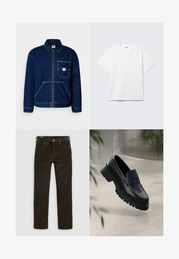 Donkerblauwe denimjack met een rits aan de voorkant en een borstzak. Heeft twee lagere zakken en witte stikselaccenten.; Witte T-shirt met korte mouwen en ronde hals, plat gelegd, effen ontwerp, met een "WEEKDAY" label in de kraag op een lichte achtergrond.; Bruine corduroy broek met een recht gesneden pasvorm, vijf zakken, zichtbare stiksels en een gestructureerde stofafwerking. Metalen knoopsluiting aan de taille.; Zwarte leren instappers met een chunky loopzool, voorzien van een decoratieve band en stikseldetails. Gladde textuur met een gepolijste afwerking.