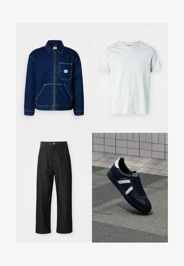 Chaqueta de denim en azul oscuro con cremallera frontal y un bolsillo en el pecho. Cuenta con dos bolsillos inferiores y detalles de costura blanca.; Camiseta de manga corta gris claro, confeccionada en una tela suave, con cuello redondo y un corte ligeramente relajado. Sin patrones ni gráficos visibles.; Pantalones de mezclilla negros con un corte relajado, cintura alta, cierre de cremallera y diseño de cinco bolsillos. Costuras visibles que realzan el diseño.; Zapatilla de cuero negra con rayas blancas, suela de goma texturizada y parte frontal con cordones. Cuenta con una etiqueta de marca en la lengüeta.