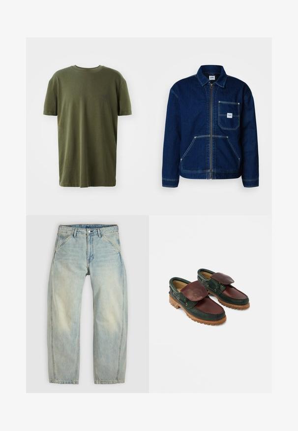 Chaqueta de denim en azul oscuro con cremallera frontal y un bolsillo en el pecho. Cuenta con dos bolsillos inferiores y detalles de costura blanca.; Camiseta de color verde oliva en algodón, con mangas cortas, cuello redondo y un pequeño logo impreso en azul oscuro en el lado izquierdo del pecho.; Vaqueros de pierna ancha en azul claro hechos de denim. Cuentan con cinco bolsillos, cierre de botón y zonas desgastadas para un aspecto envejecido.; Zapatos de cuero con cuerpo verde oscuro, parte superior burdeos, puntera redonda, solapa asegurada y suela de caucho texturizada con crestas.