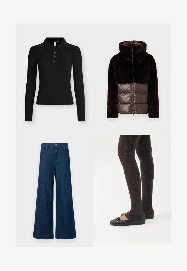 Nepbont jasje met hoge kraag, met een zwarte bovenkant en glanzend bruine gearceerde onderkant, ritssluiting en zijzakken.; Zwarte longsleeve geribde polo met kraag en vier knopen op het voorpand.; Blauwe wijde denim jeans met knoopsluiting aan de voorkant, riemlussen en een vijf-pocket ontwerp op een witte achtergrond.; Benen met donkere geribbelde leggings gecombineerd met zwarte ballerina's met kleine strikdetails op een witte achtergrond.