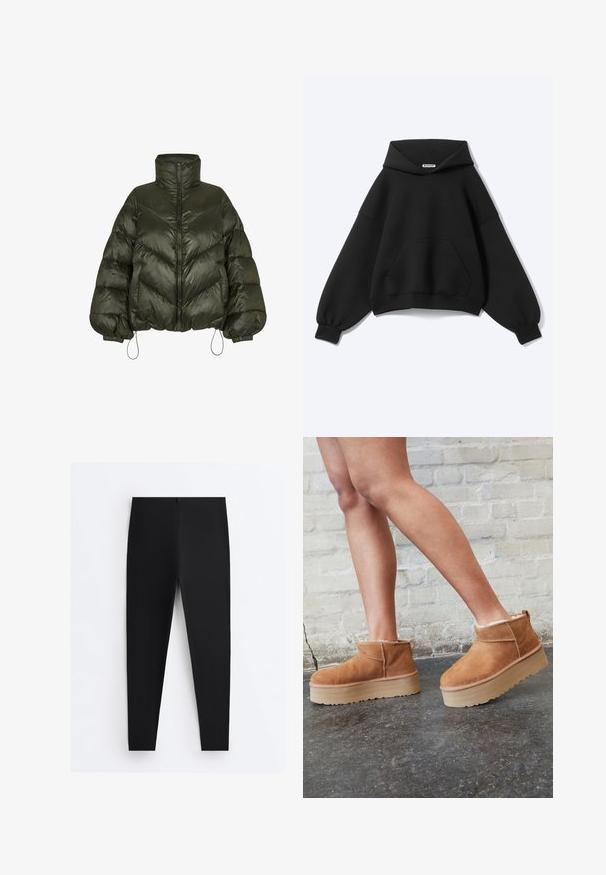 Dunkelgrüne gesteppte Jacke mit hohem Kragen, Frontreißverschluss, elastischen Bündchen und verstellbaren Kordeln am Saum und an den Ärmeln.; Schwarzer Hoodie mit langen Puffärmeln, Kängurutasche und einem Etikett innen am Halsausschnitt vor hellem einfarbigem Hintergrund.; Schwarze eng anliegende Leggings mit hohem Bund und glattem Stoff, flach auf einem weißen Hintergrund dargestellt.; Braune Wildleder-Stiefeletten mit einem weichen Futter, dicker beige Plateau-Sohle und einer Zuglasche auf der Rückseite. Strukturiert Oberfläche mit sichtbaren Nähdetails.