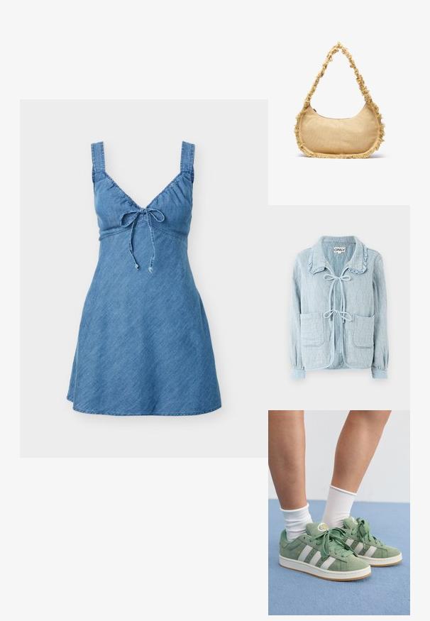 Lys blå denimjakke med et tekstureret, diamantmønster. Har en rynket krave, lukning med frontbind og to forlommer.; Ærmeløs minikjole i denim med tykke stropper og en knude foran ved V-udskæringen, der flår let ud ved kanten.; Grønne ruskindsneakers med hvide striber. Har runde snørebånd, en struktureret tungen og et rundt logo på tungen.; Struktureret beige taske med en rund form, frynset kant langs kanterne og en kort rem til at bære. Lynlåsåbning på toppen.