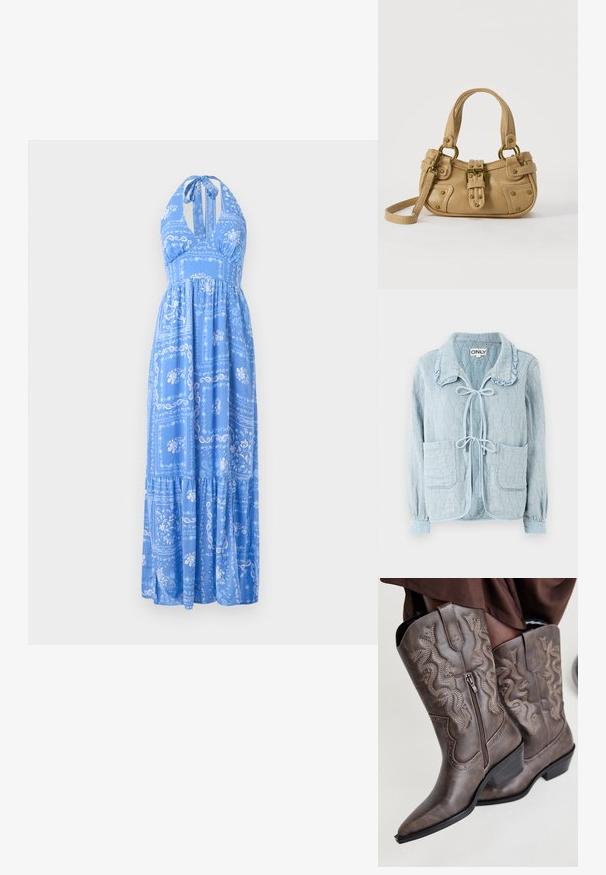 Chaqueta de mezclilla azul claro con un patrón de diamante texturizado. Presenta un cuello con volantes, cierre frontal con lazo y dos bolsillos en la parte delantera.; Vestido maxi azul con cuello halter, que presenta patrones florales y de paisley, falda con volantes y un corte holgado. Tela suave con una textura ligera.; Botas vaqueras de cuero marrón con punta afilada, cremallera lateral y diseño de serpiente texturizado en beige, con tachuelas decorativas a lo largo de los bordes.; Bolso de cuero beige con doble asa, hebilla y remaches de latón, y una correa de hombro ajustable sobre un fondo blanco.
