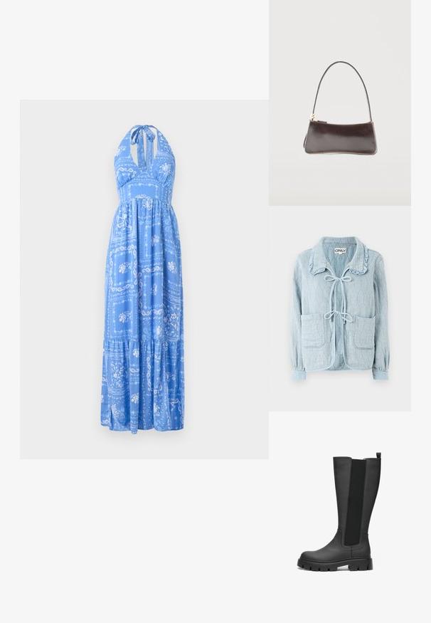 Hellblaue Jeansjacke mit einem strukturierten, diamantförmigen Muster. Sie verfügt über einen gerüschten Kragen, einen vorderen Bindeverschluss und zwei Fronttaschen.; Maxikleid mit blauem Neckholder, verziert mit floralen und Paisley-Mustern, gestuftem Rock und lockerer Passform. Weiches Material mit leichter Textur.; Schwarze Gummistiefel bis zum Knie mit glatter Oberfläche, elastischen seitlichen Einsätzen und robusten, dicken Sohlen für zusätzlichen Halt und Stabilität.; Kleine rechteckige dunkelbraune Lederhandtasche mit einem einzelnen Riemen und goldfarbenem Reißverschluss.