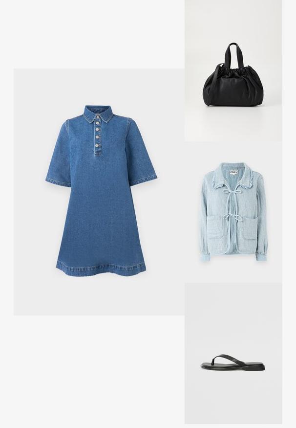 Heled sinine teksajakk tekstuuriga diamandi mustriga. Omab volangilise krae, esist keskkoha seotud kinnistust ja kahte esist taskut.; Denim kleit pehme kraega, lühikeste varrukatega ja viie metallist nupuga ees. Sinine kangas, millel on sile tekstuur ja kerge kulumine.; Musta sussumood, mis on valmistatud siledast nahast. Sellel on õhuke rihma disain ja lame tald minimaalsete joontega. Mingeid silmatorkavaid mustreid või aktsente ei ole.; Mustmust mustkott mustrihmaga ülaosa disainiga, millel on kaks lühikest käepidet ja pikk reguleeritav rihm. Sile tekstuur, ümar kuju.