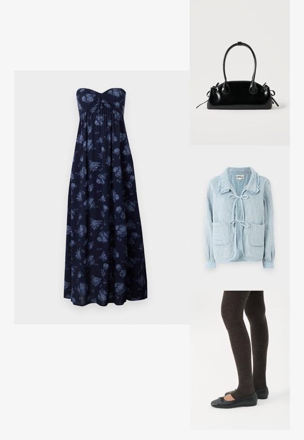 Chaqueta de mezclilla azul claro con un patrón de diamante texturizado. Presenta un cuello con volantes, cierre frontal con lazo y dos bolsillos en la parte delantera.; Vestido maxi sin tirantes en azul marino con estampado floral en azul, con busto fruncido y silueta fluida. Tejido suave con textura lisa.; Piernas con leggings oscuros acanalados combinados con bailarinas negras que presentan pequeños detalles de lazo sobre un fondo blanco.; Pequeño bolso negro brillante con dos asas largas y detalles de cordón lateral sobre un fondo claro liso.