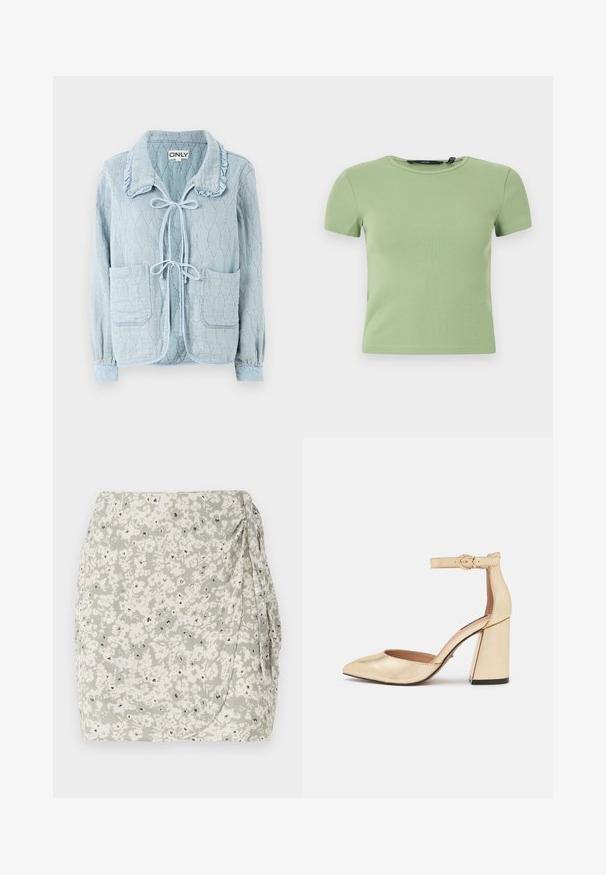 Veste en denim bleu clair avec un motif texturé en losanges. Dotée d'un col froncé, d'une fermeture à lien sur le devant et de deux poches avant.; Crop top court à manches courtes côtelé vert clair avec col rond et coupe ajustée sur fond blanc.; Jupe mini fleurie en vert clair et crème avec un côté froncé et des détails en accent noir. Tissu doux et texturé avec un design enroulé.; Chaussure à talon haut dorée avec un bout pointu, une bride à la cheville et un talon épais. Fabriquée dans un matériau métallique avec une texture lisse.