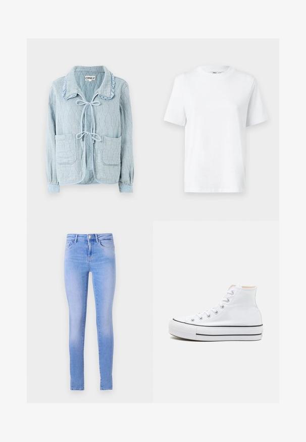 Hellblaue Jeansjacke mit einem strukturierten, diamantförmigen Muster. Sie verfügt über einen gerüschten Kragen, einen vorderen Bindeverschluss und zwei Fronttaschen.; Weißes Baumwoll-T-Shirt mit Rundhalsausschnitt, kurzärmlig und mit glatter Textur. Entworfen mit einer lockeren Passform für Komfort und Vielseitigkeit.; Helle blaue Skinny-Jeans mit einem ausgeblichenen Waschung, ausgestattet mit einem Fünf-Taschen-Design, vorderem Knopfverschluss und einem sauberen Saum.; Weiße High-Top-Sneaker aus einem Material aus Segeltuch, mit schwarzer Gummisohle und kontrastierendem schwarzen Streifen auf der Zwischensohle. Runde Zehenkappe und Schnürdesign.