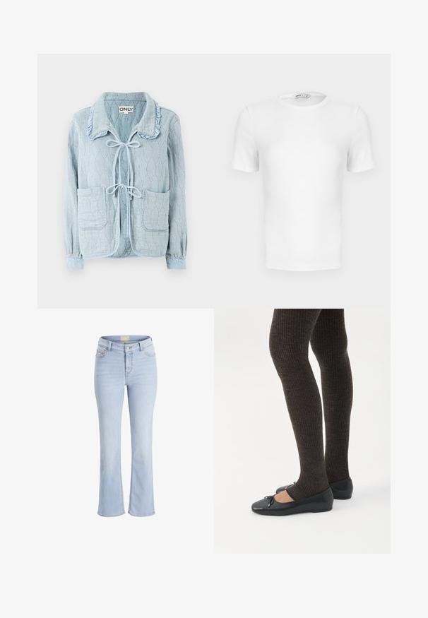 Lichtblauwe denimjack met een gestructureerd, diamanten patroon. Heeft een geraffineerde kraag, een sluiting met strik aan de voorkant en twee voorzakken.; Witte korte mouwen geribde T-shirt met een ronde hals, een aangesloten pasvorm en een klein merklabel aan de binnenkant van de kraag.; Lichtblauwe flared jeans van denim met een hoge taille, vijf zakken en een ritsgulp. Bevat een subtiele wassing en gestikte details op de naden.; Benen met donkere geribbelde leggings gecombineerd met zwarte ballerina's met kleine strikdetails op een witte achtergrond.